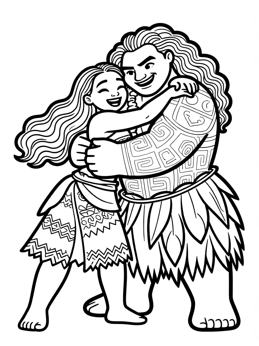 (characters in movie "Moana") Moana and Maui hugging.