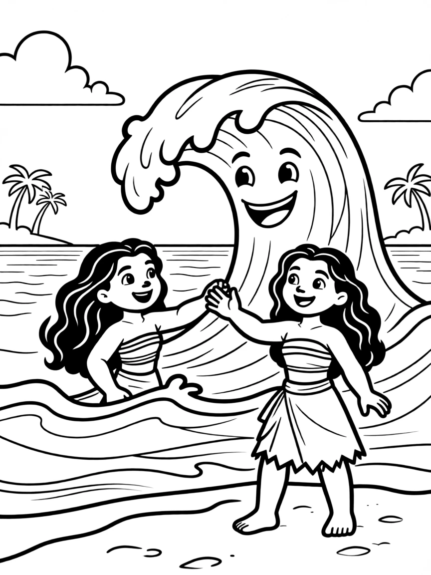 (characters in movie "Moana") The ocean waving to Moana.