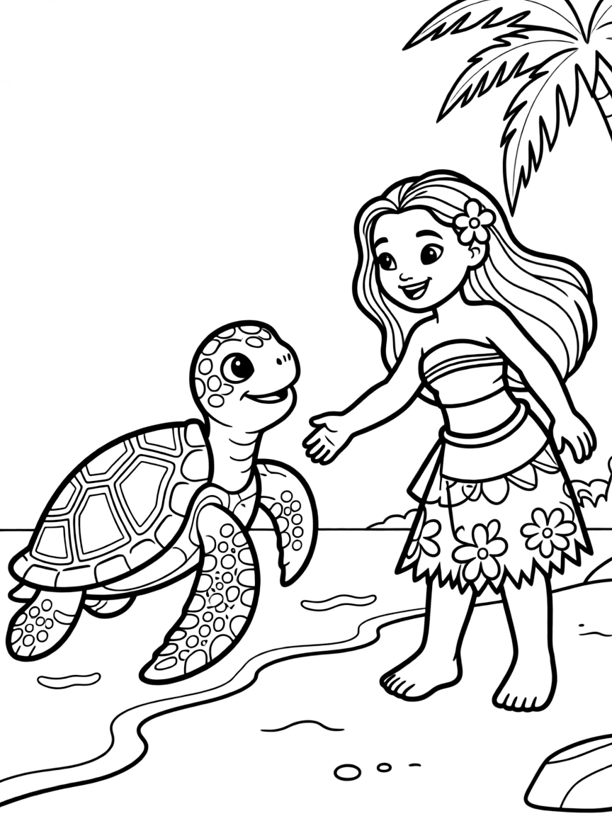 (characters in movie "Moana") Moana with a friendly sea turtle.