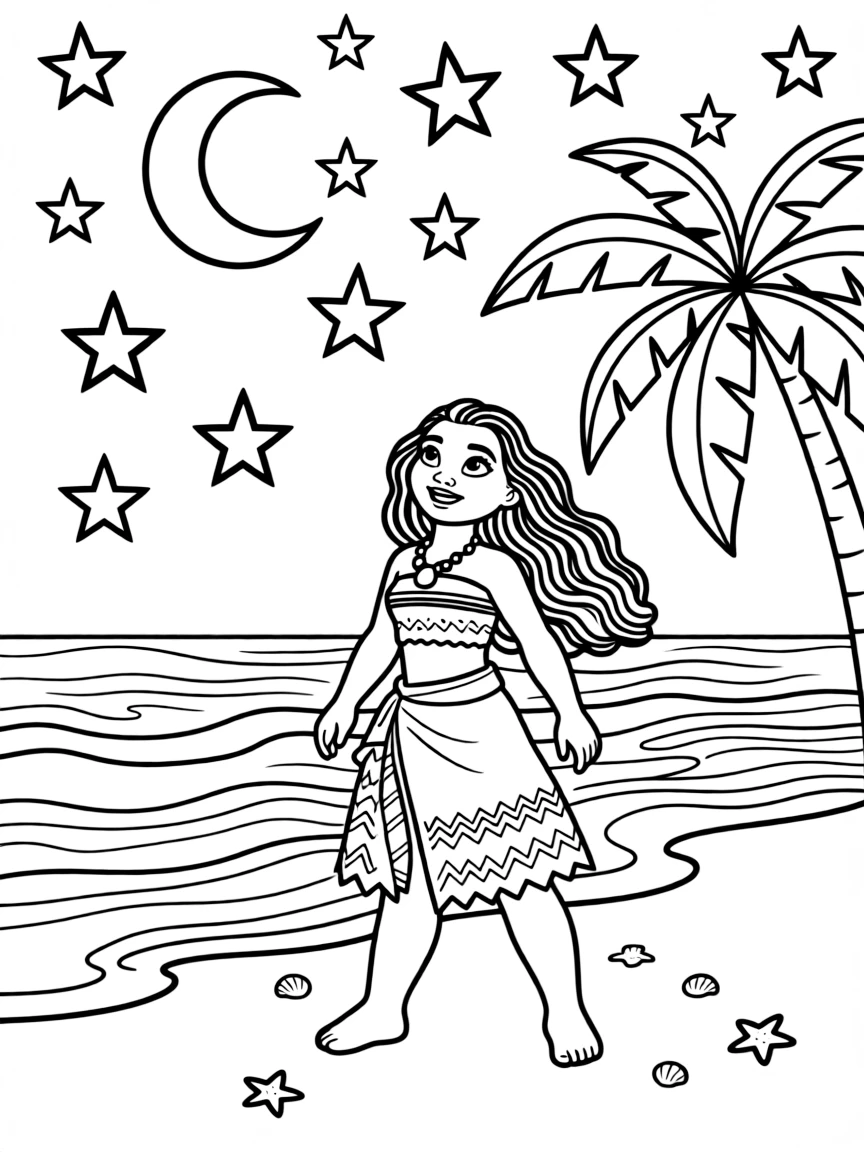 (characters in movie "Moana") Moana looking at the stars.