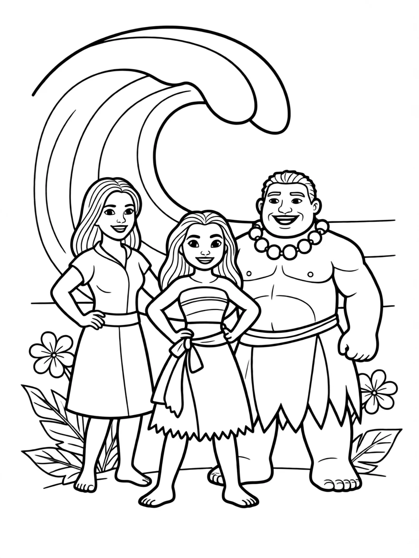 (characters in movie "Moana") Moana and her parents, Chief Tui and Sina.