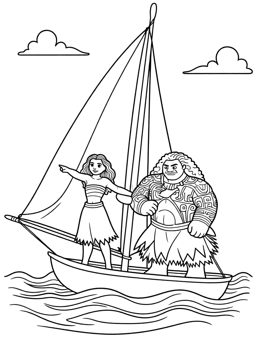(characters in movie "Moana") Moana teaching Maui how to sail.