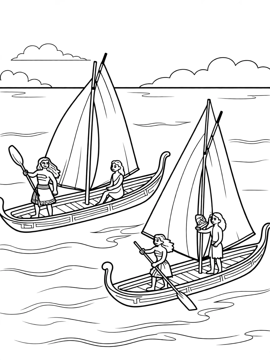 (characters in movie "Moana") The ancient wayfinding canoes.