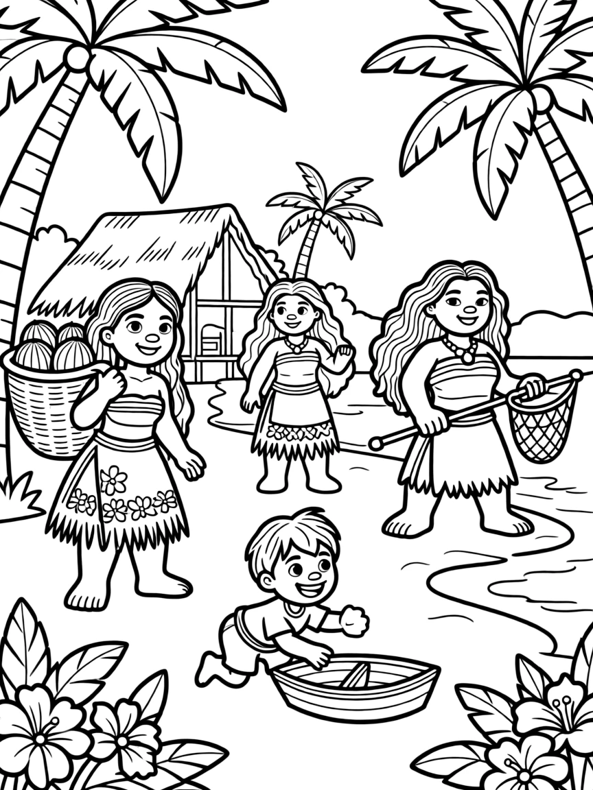 (characters in movie "Moana") The villagers of Motunui.