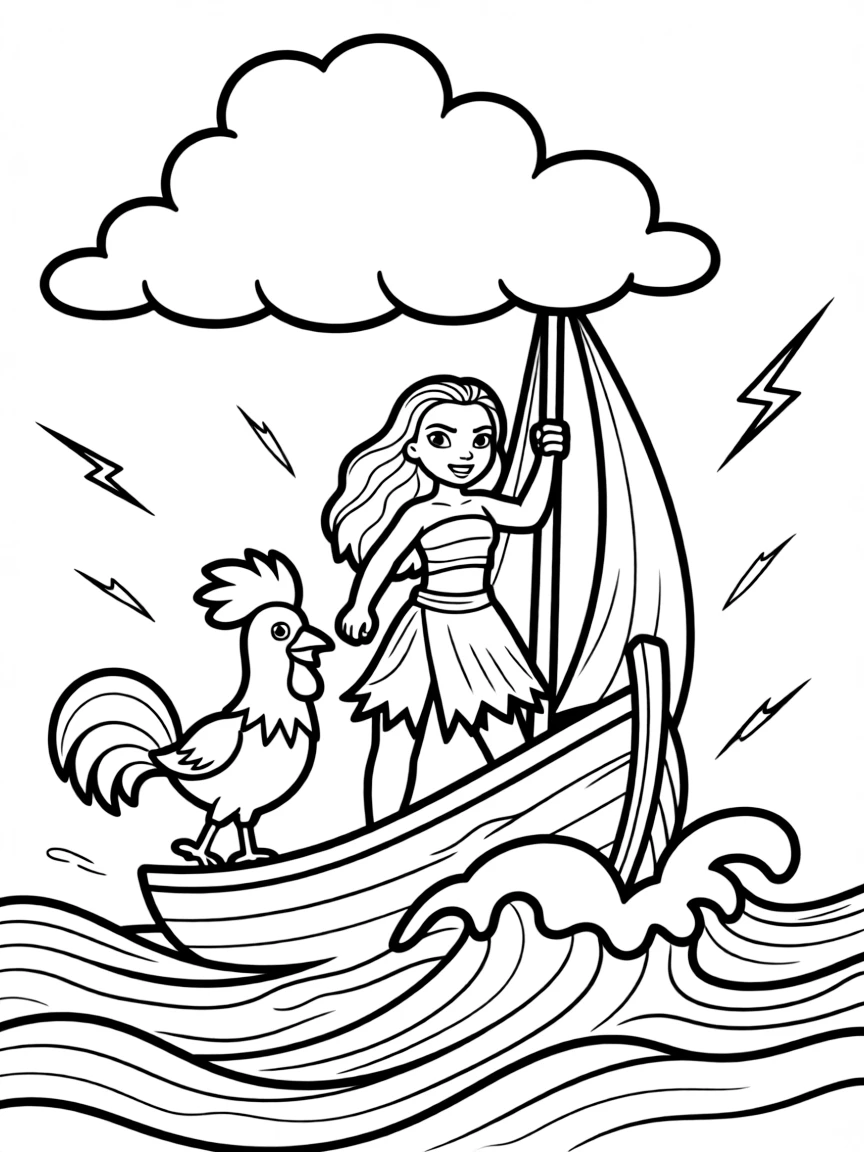 (characters in movie "Moana") Moana and Heihei on the boat during a storm.