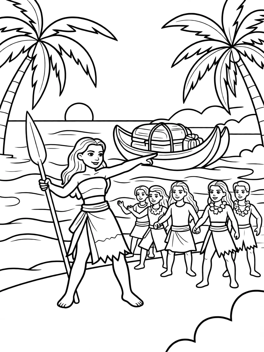 (characters in movie "Moana") Moana leading her people to explore.