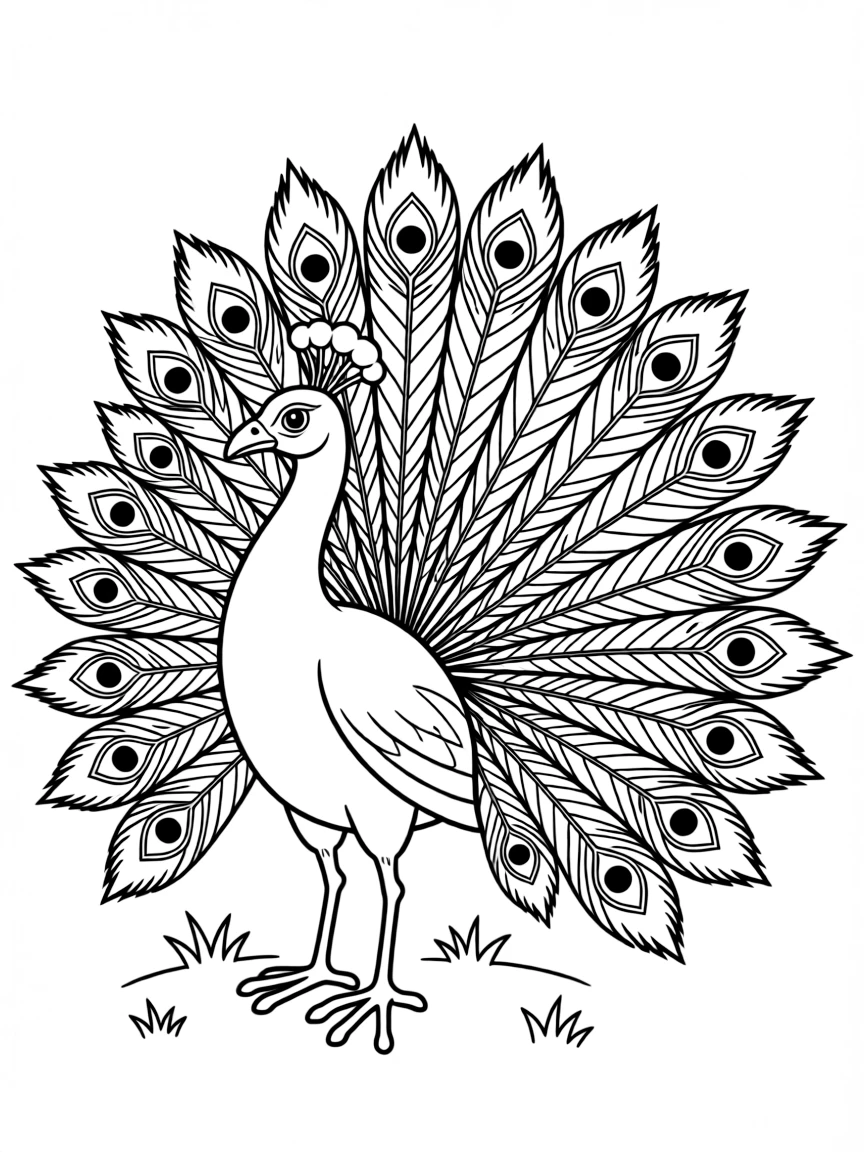 A proud peacock showing off feathers.