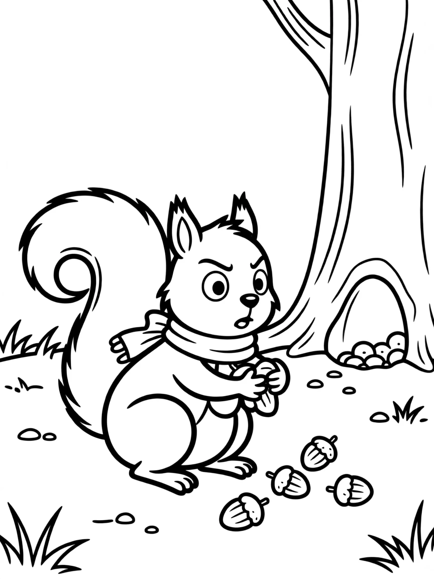 A worried squirrel burying nuts.