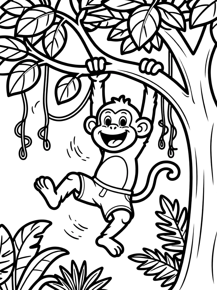 A laughing monkey swinging from trees.