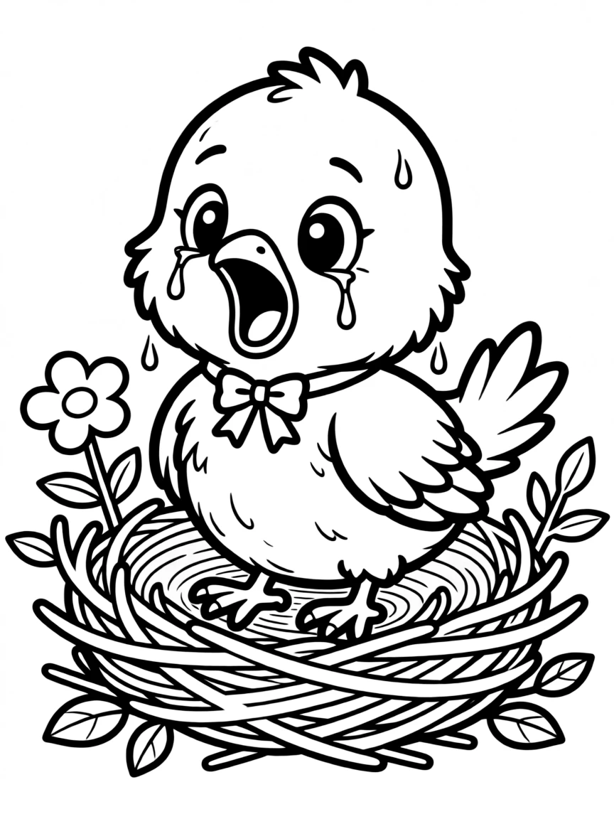 A crying baby bird in its nest.