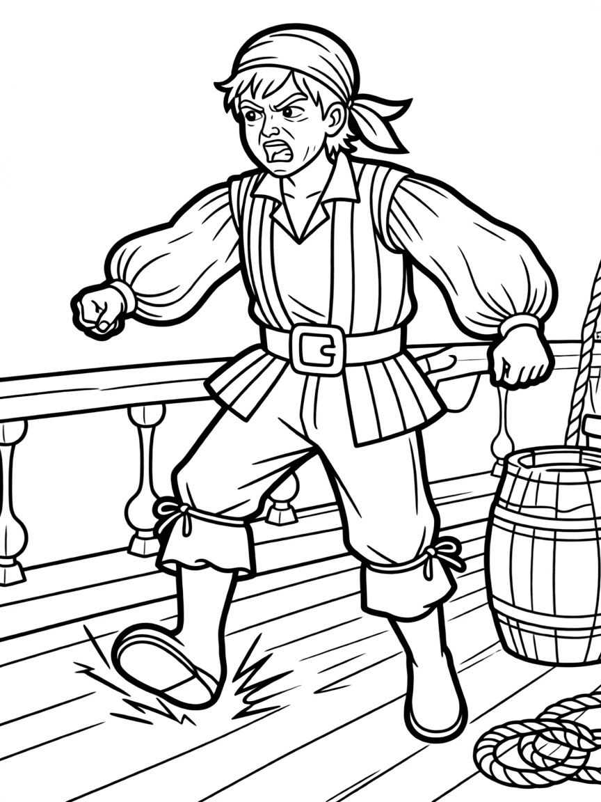 An angry pirate stomping on the deck.
