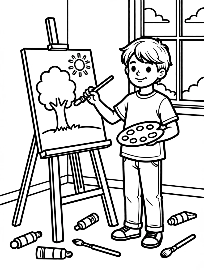 A proud artist painting a picture.
