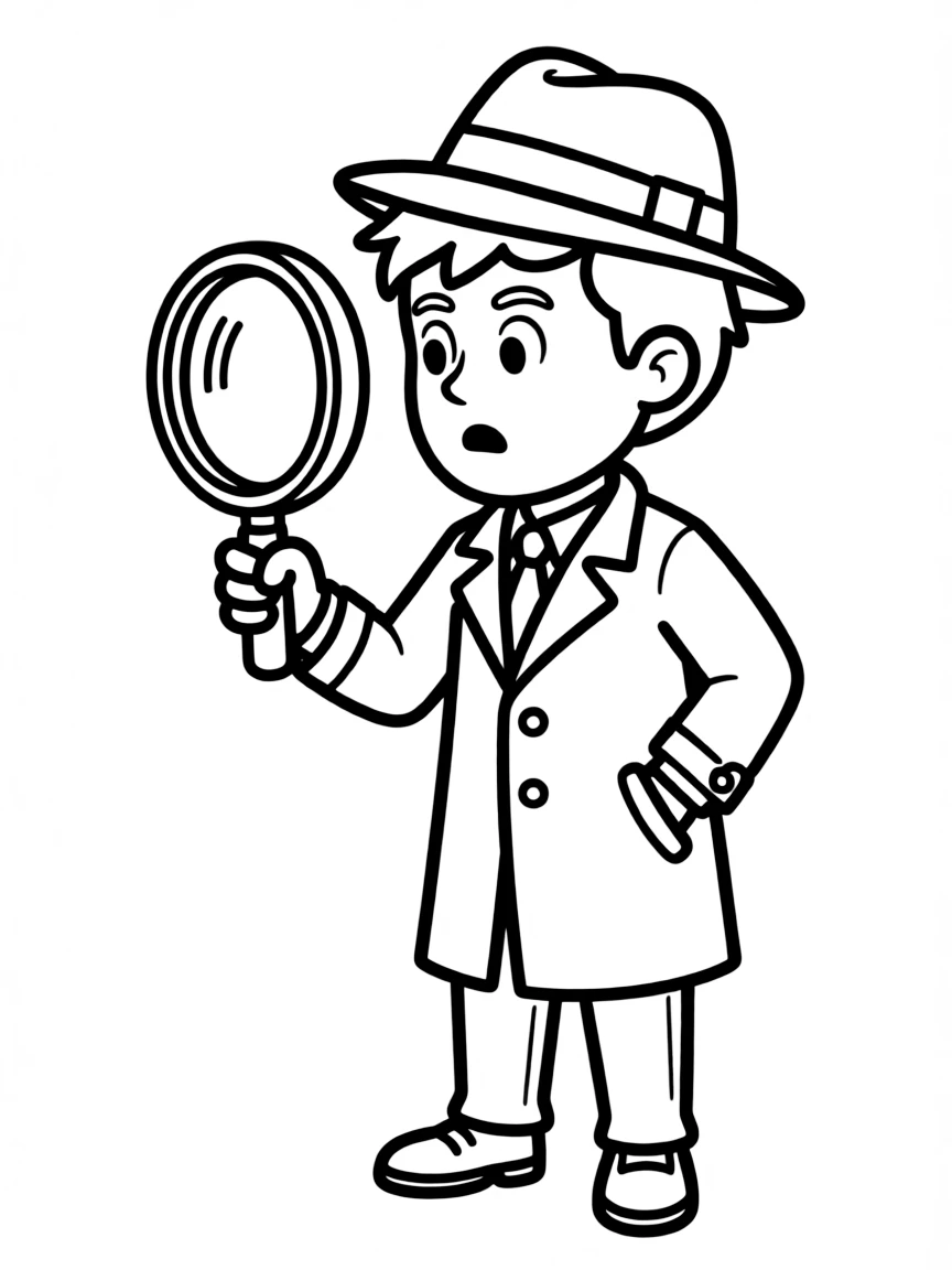 A confused detective holding a magnifying glass.