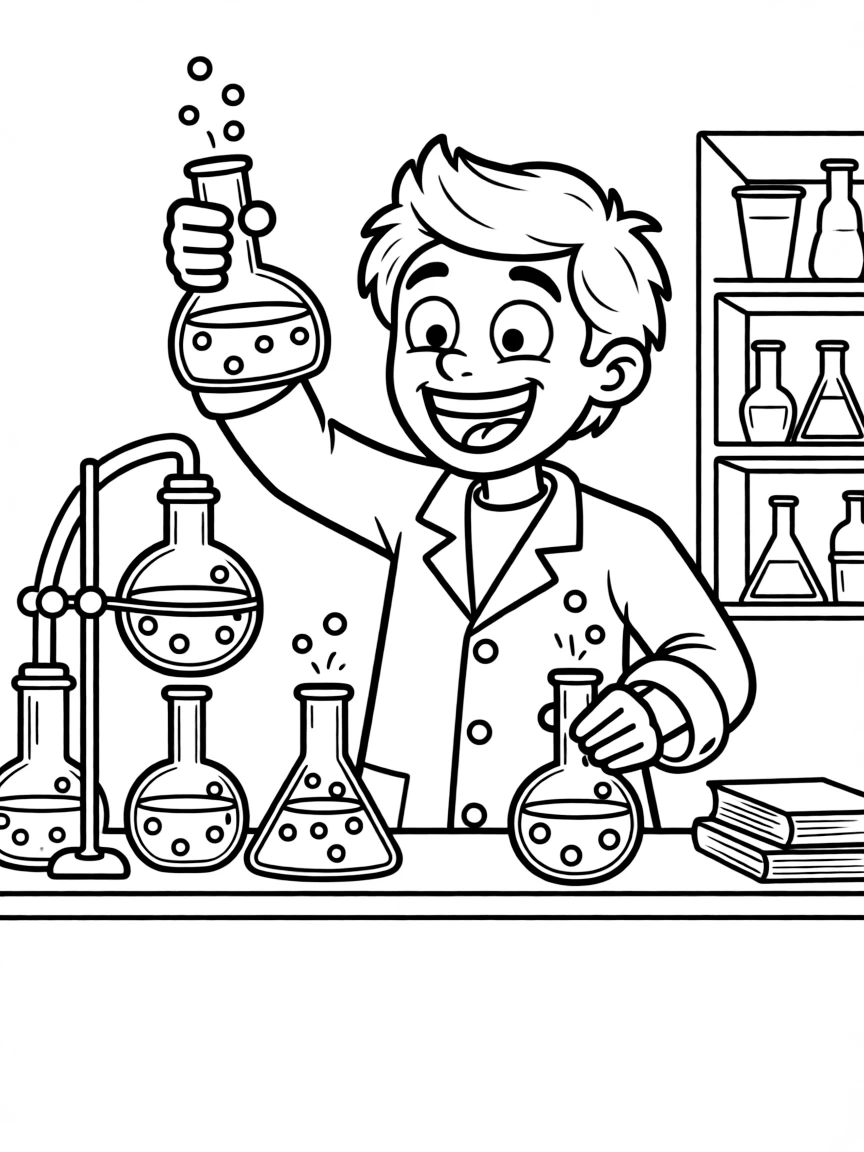 An excited scientist with bubbling beakers.