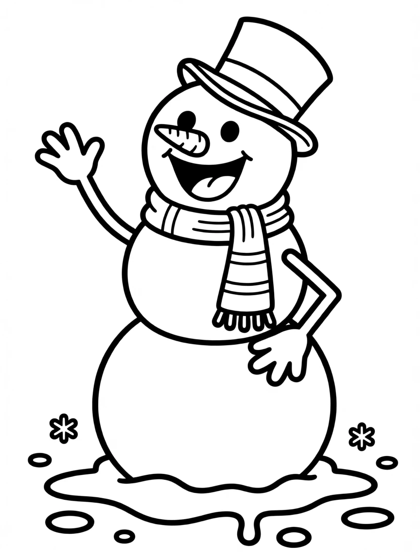 A happy snowman melting slightly.
