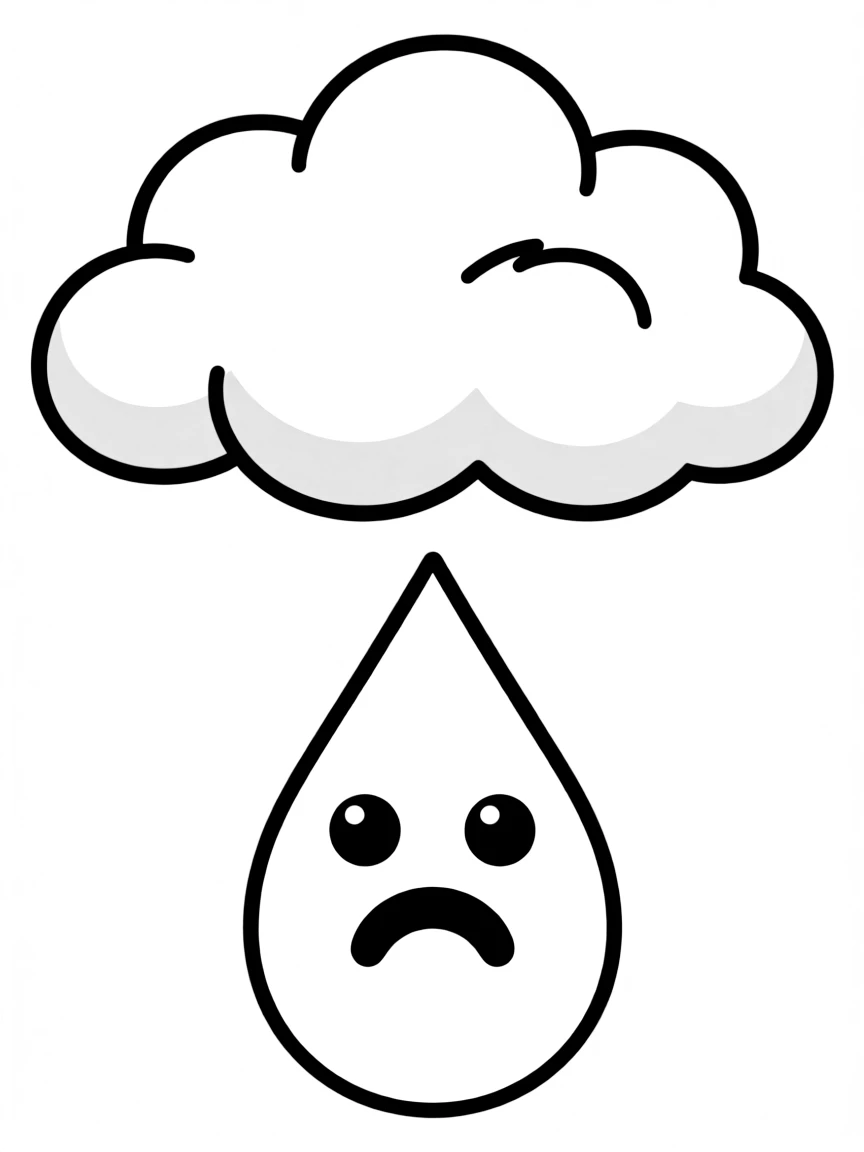 A sad raindrop falling from a cloud.