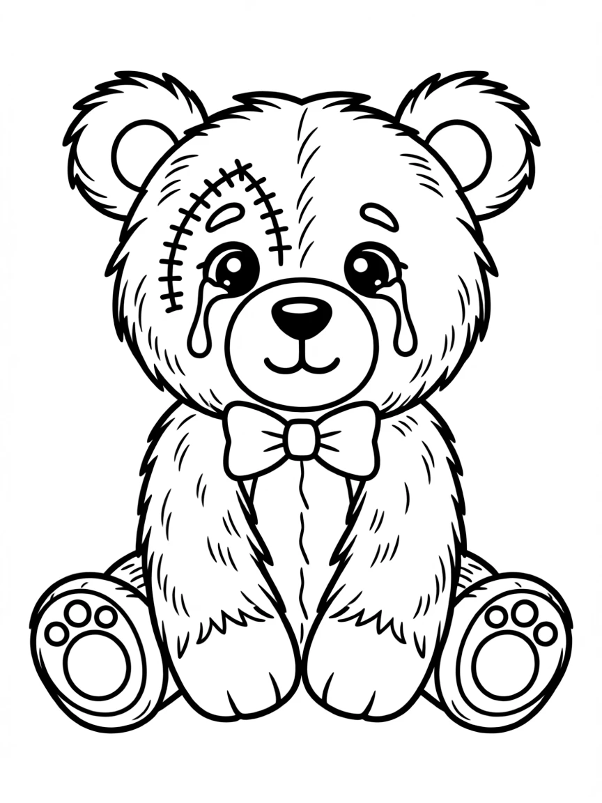 A crying teddy bear with a stitched tear.