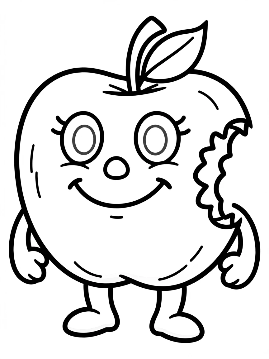 A happy apple with a bite taken out.