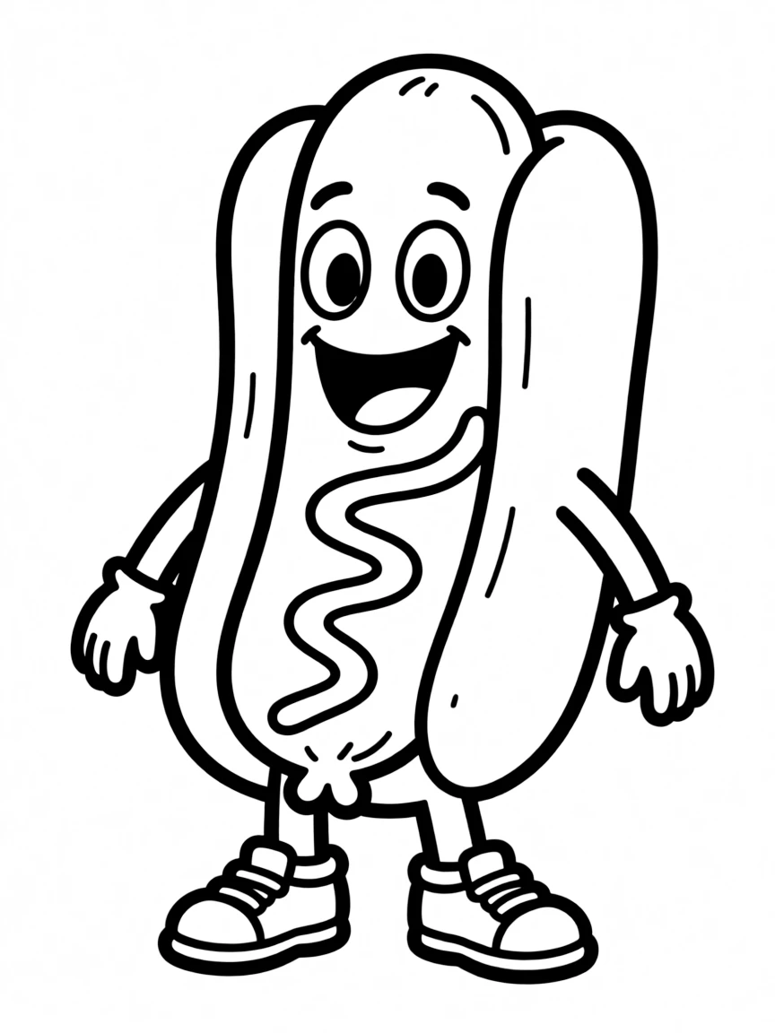 A laughing hot dog with mustard smile.