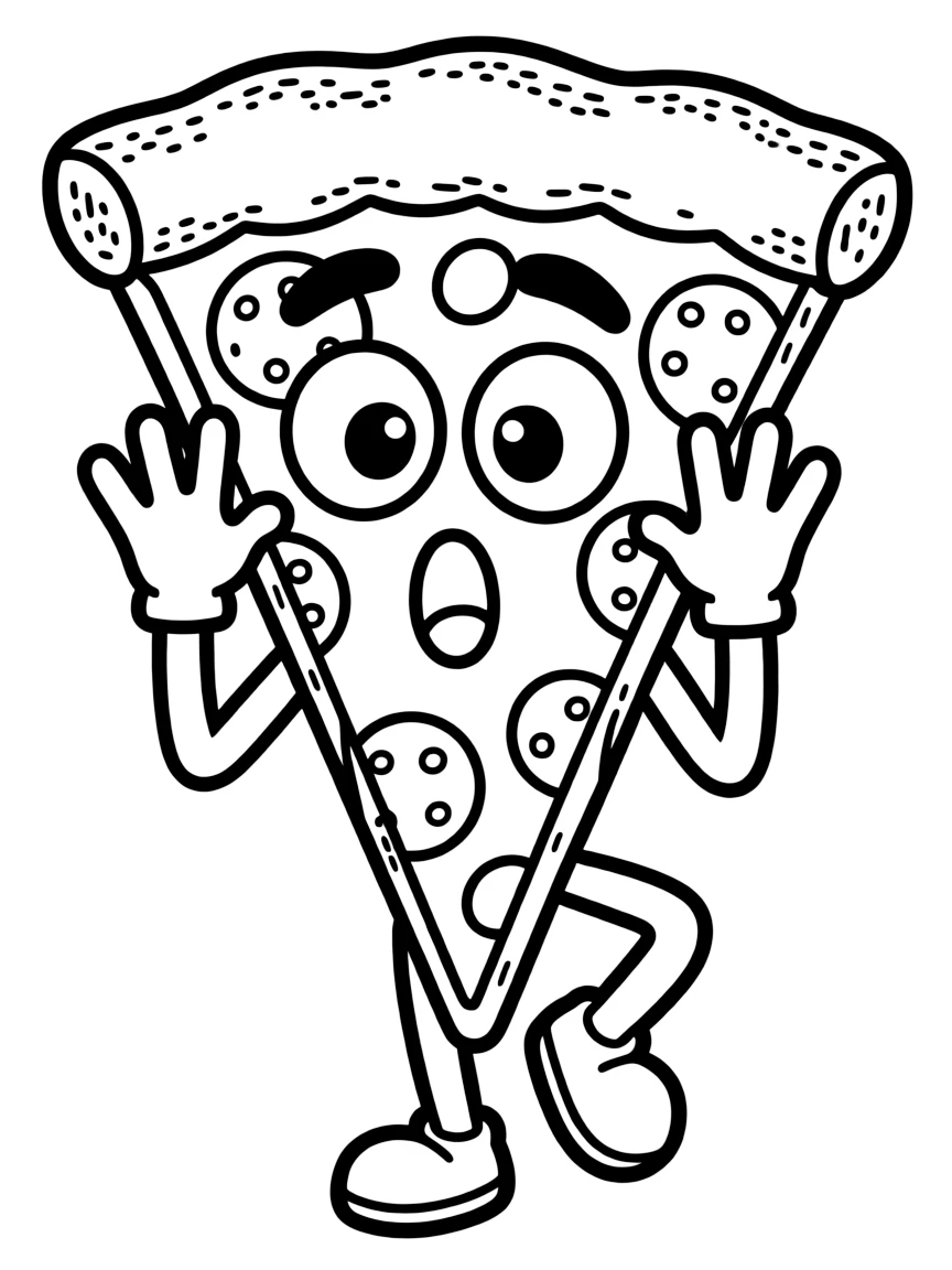 A surprised pizza slice with wide eyes.