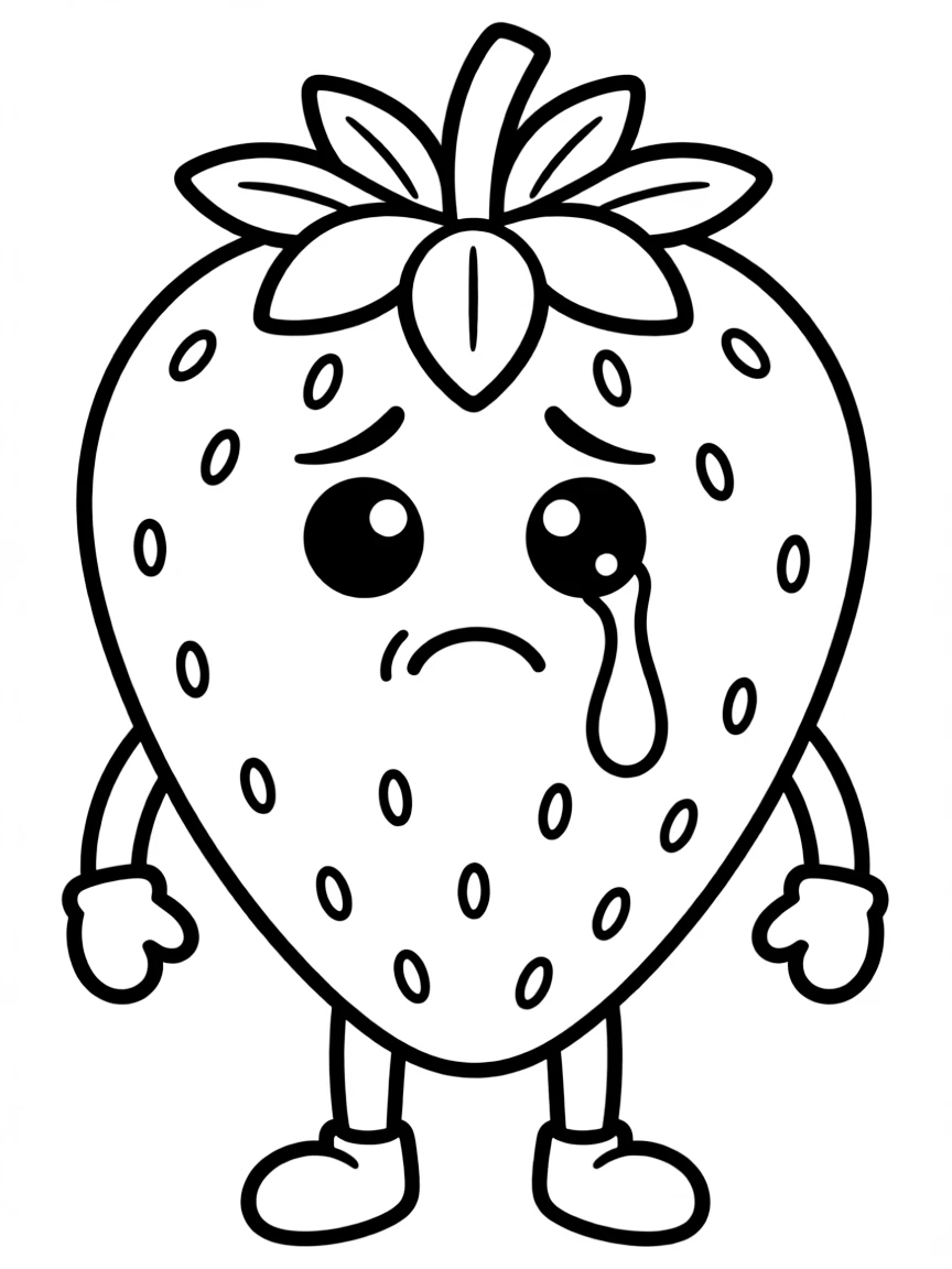A crying strawberry with a tear.