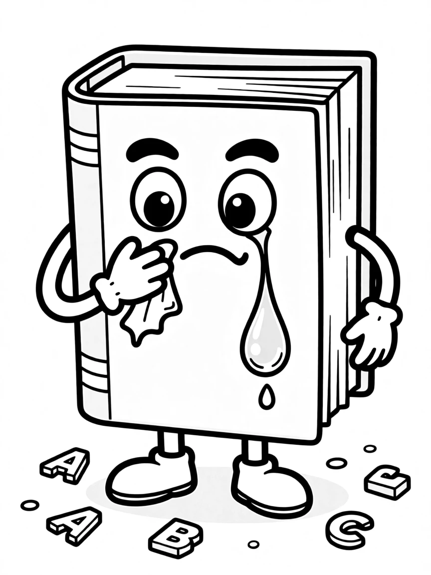 A crying dictionary with a tear.