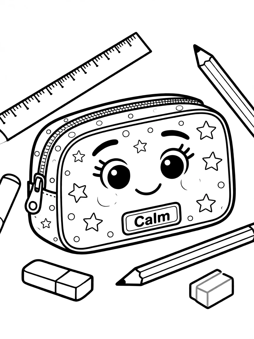 A calm pencil case smiling.