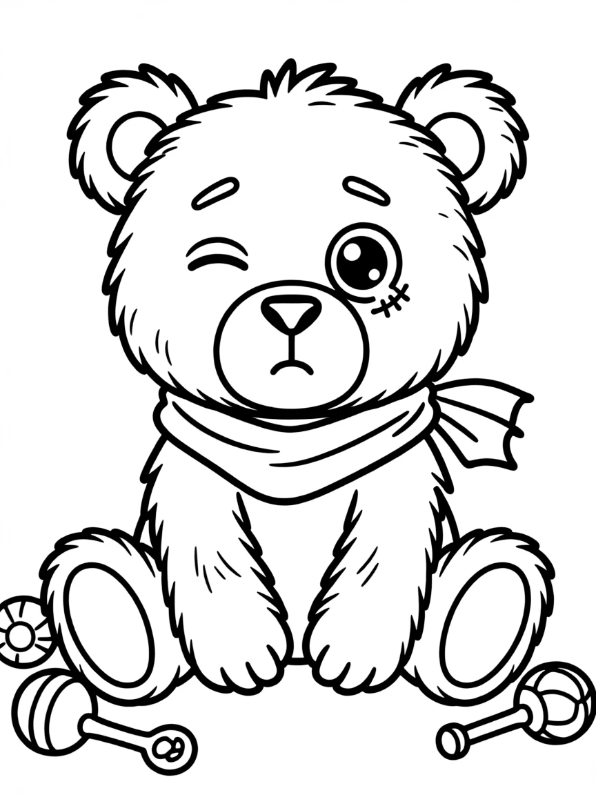 A worried teddy bear missing an eye.