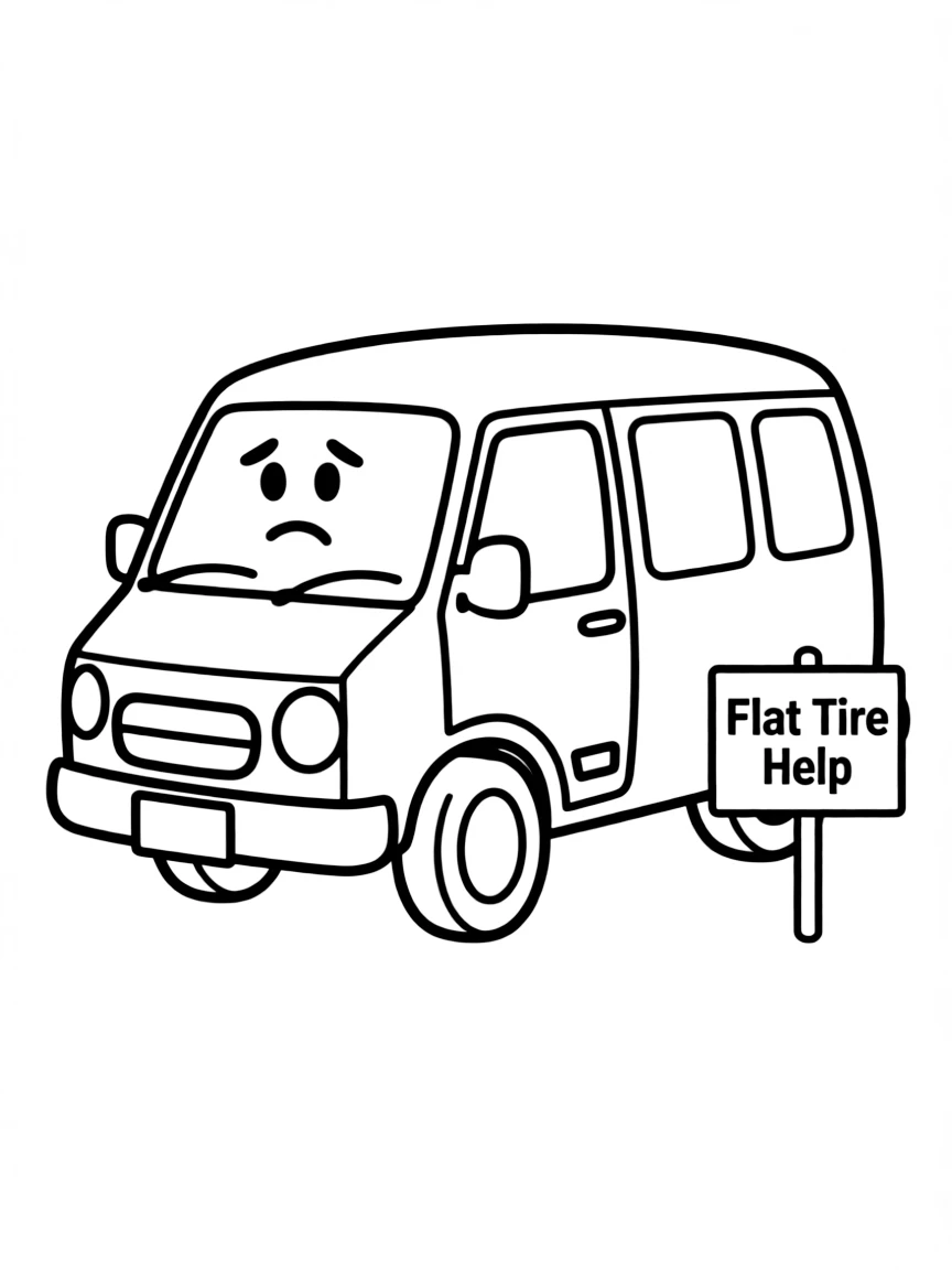 A worried van with a flat tire.