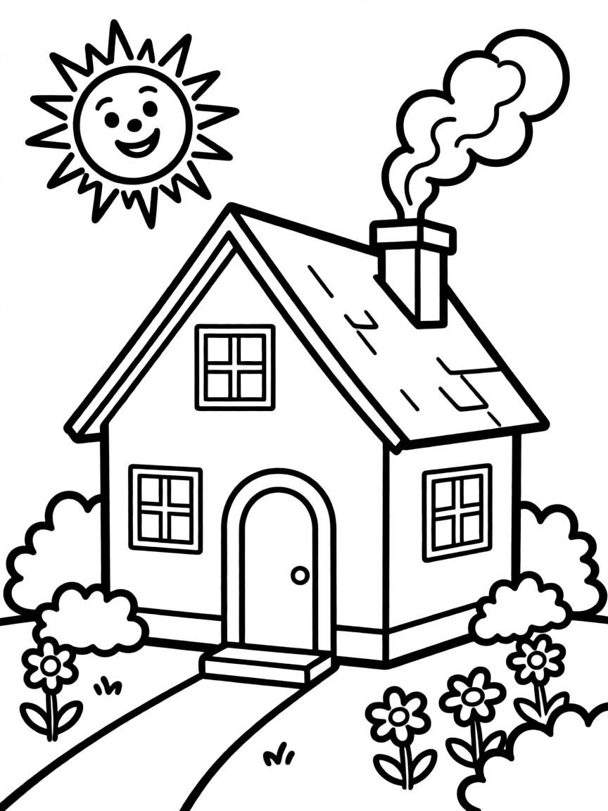 A happy house with smoke from chimney.