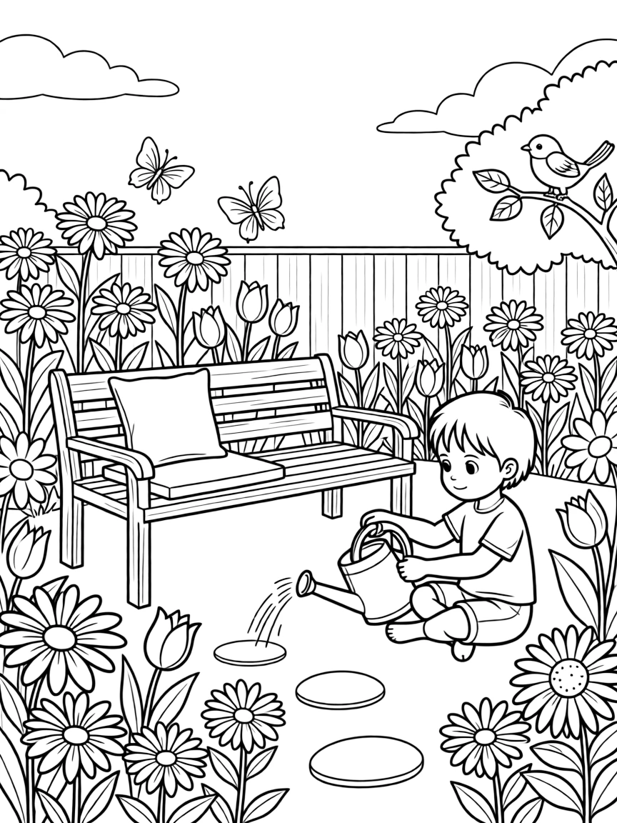 A calm garden with flowers.