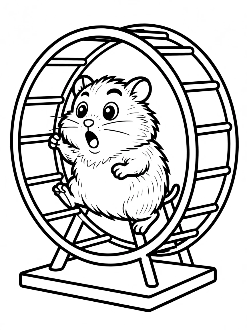 A surprised hamster running on wheel.