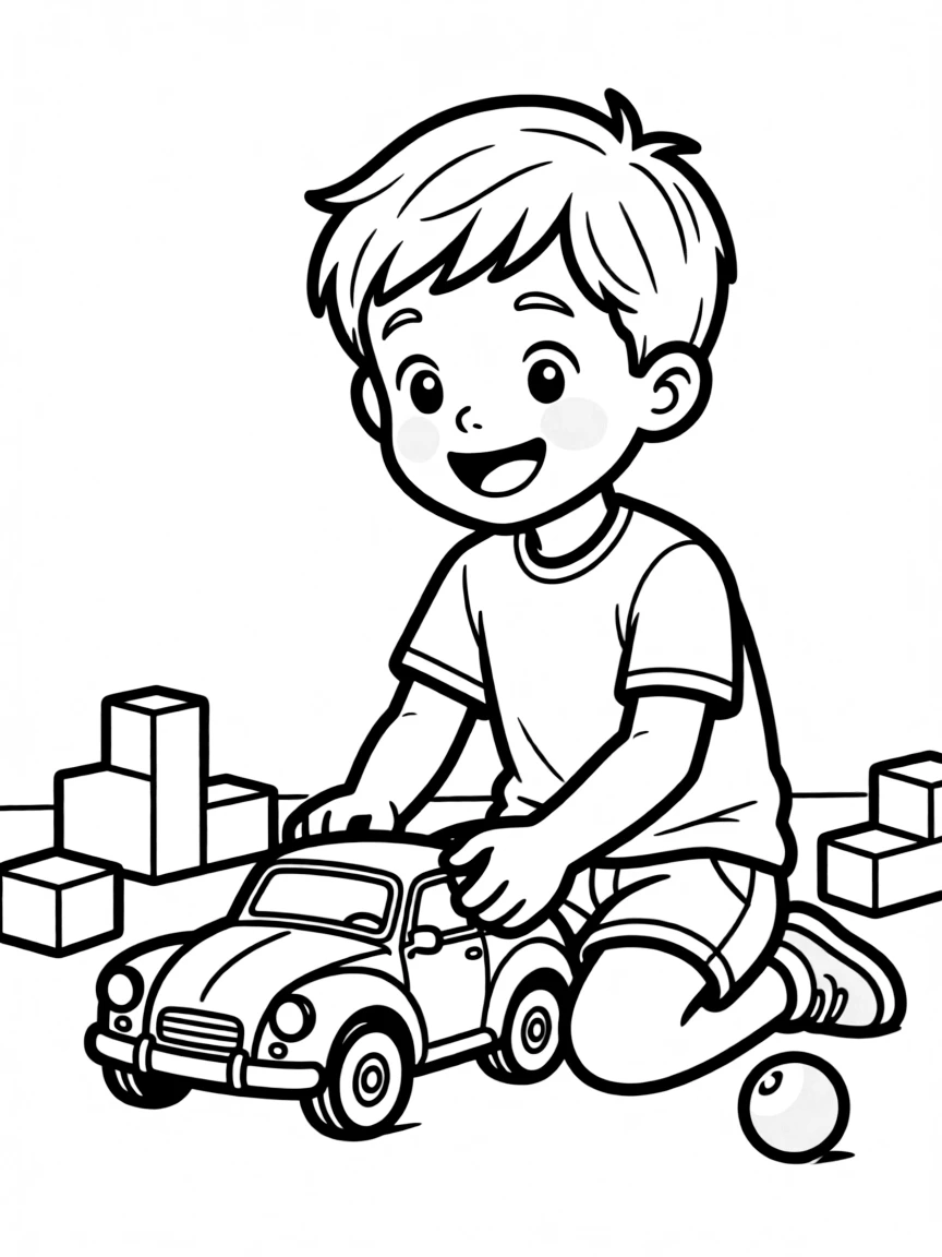 A happy boy playing with a toy car.