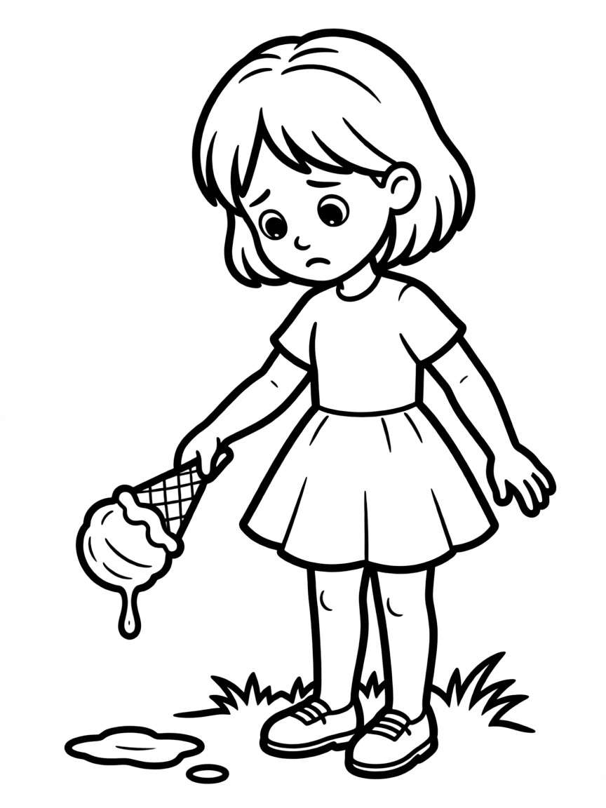 A sad girl dropping her ice cream.