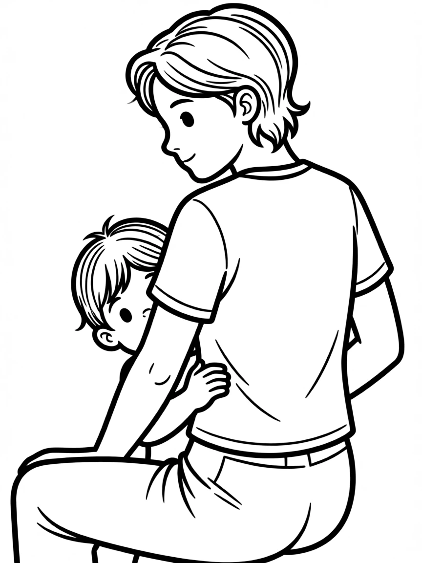 A shy child hiding behind a parent.
