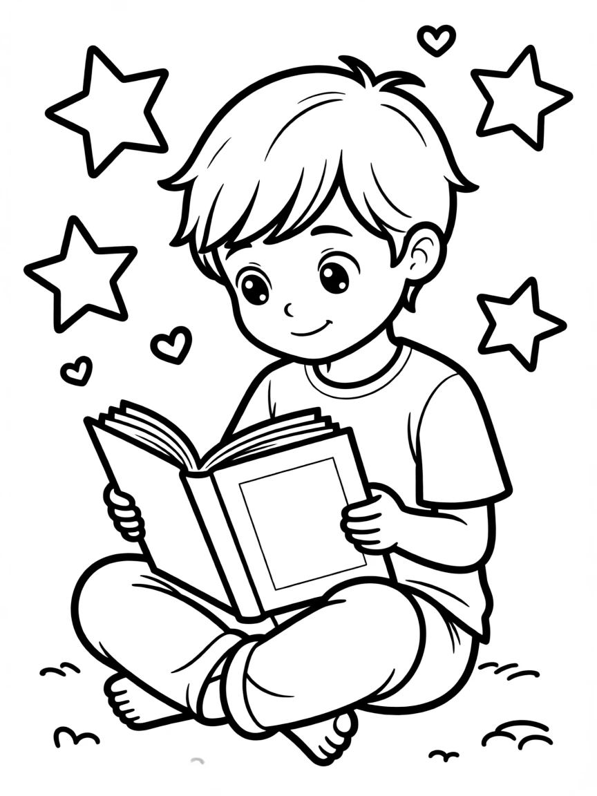 A calm child reading a book.