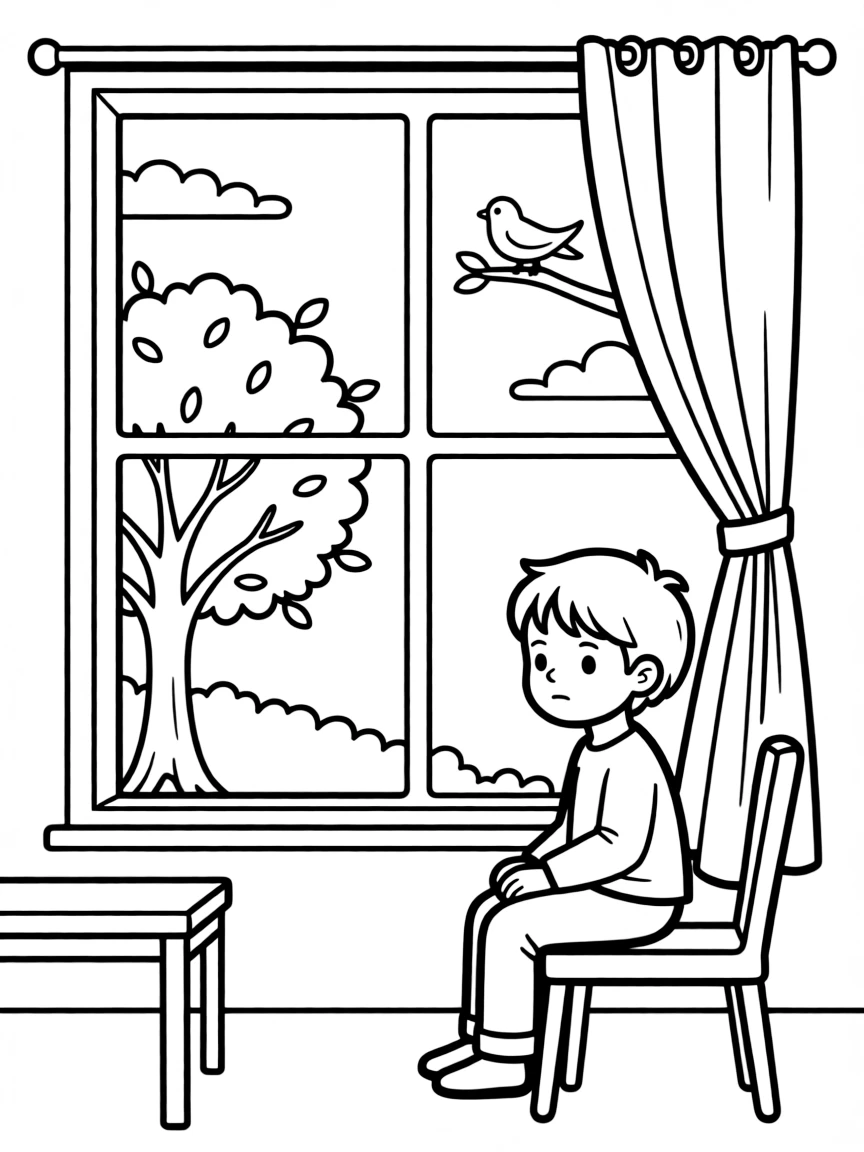 A bored child staring out window.