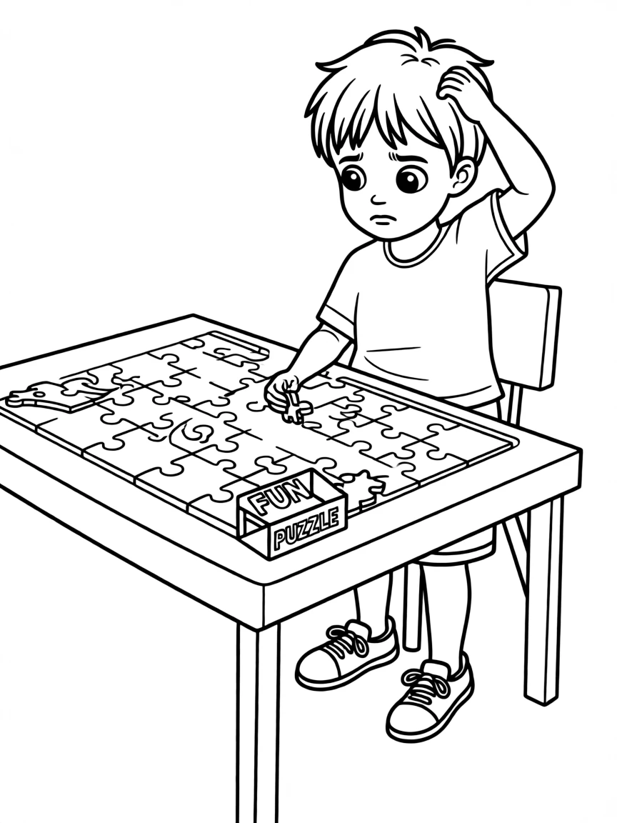 A confused child trying to solve puzzle.