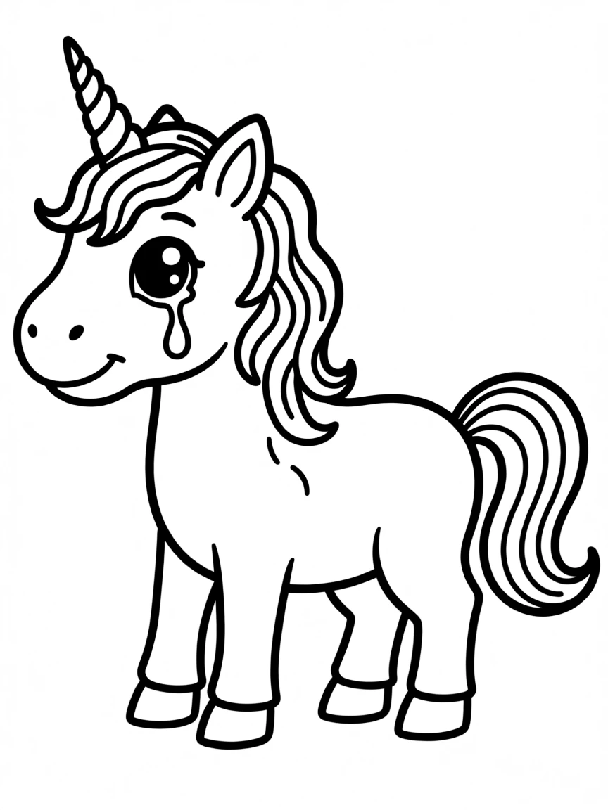 A crying unicorn with a teary eye.