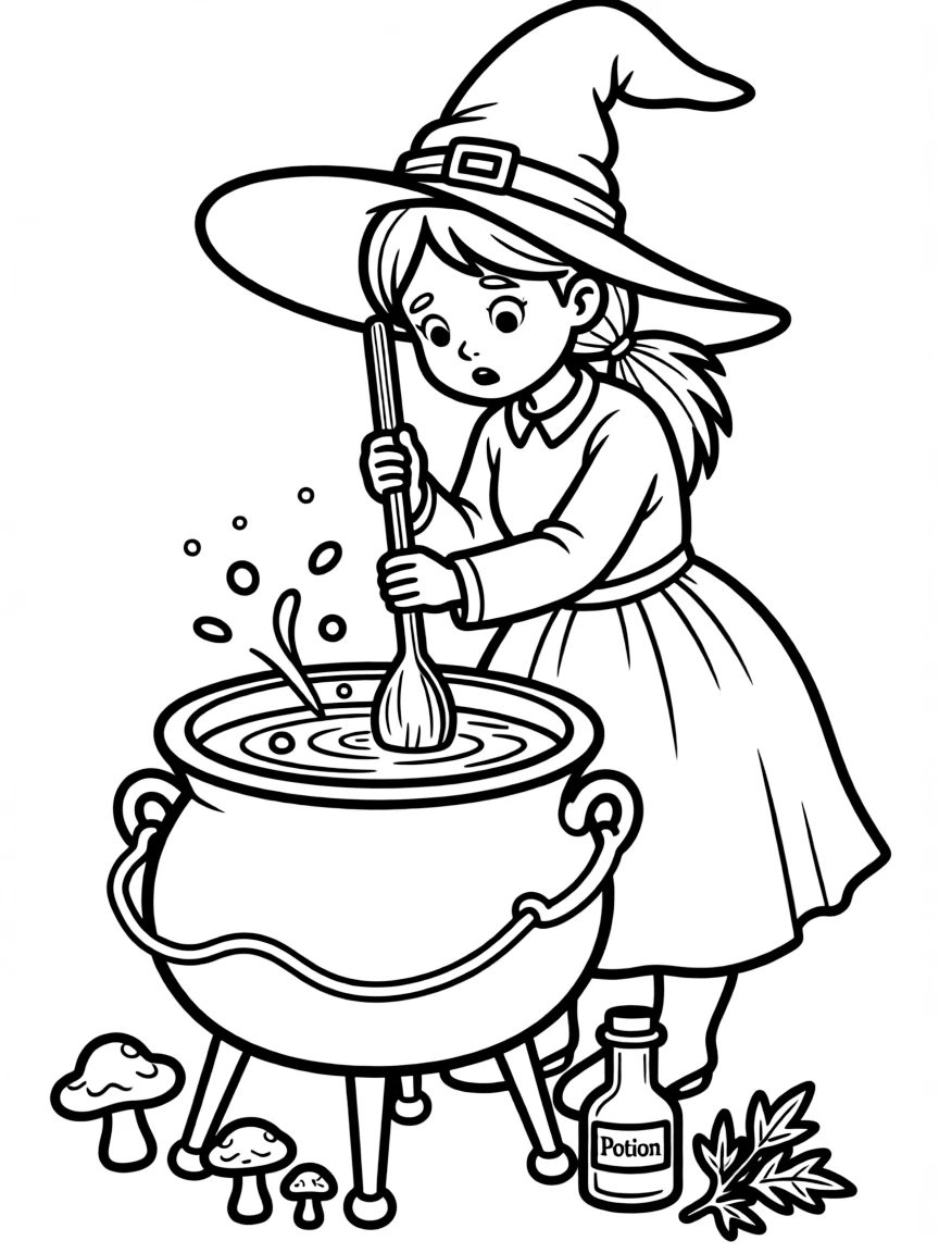 A worried witch stirring potion.