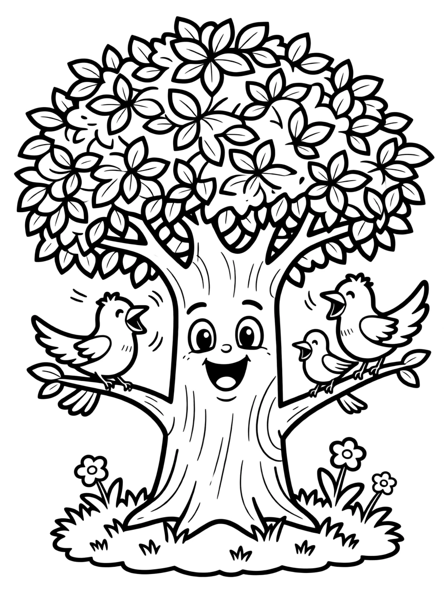 A happy tree with singing birds.