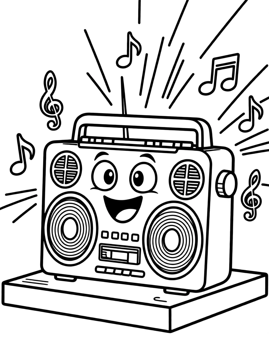 An excited boombox playing loud.