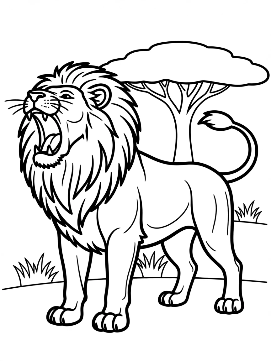 A brave lion roaring.