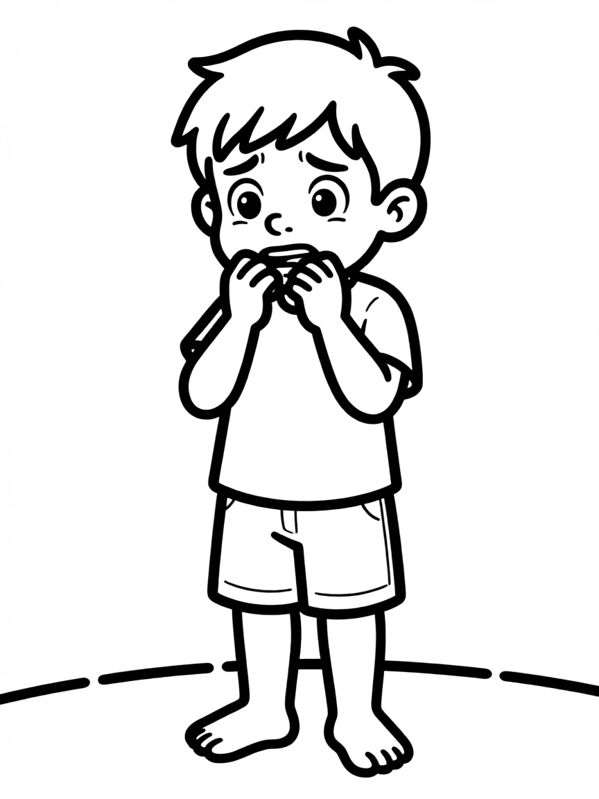 A worried child biting nails.