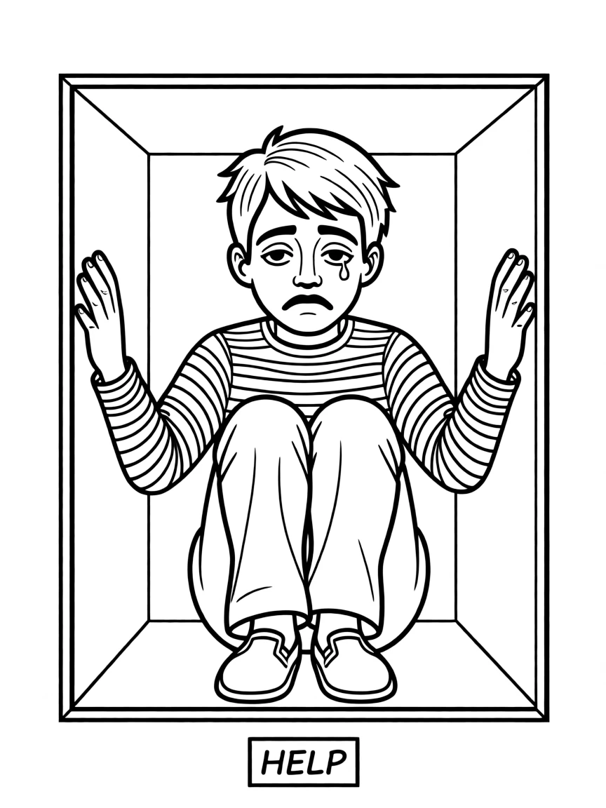A sad mime stuck in a box.