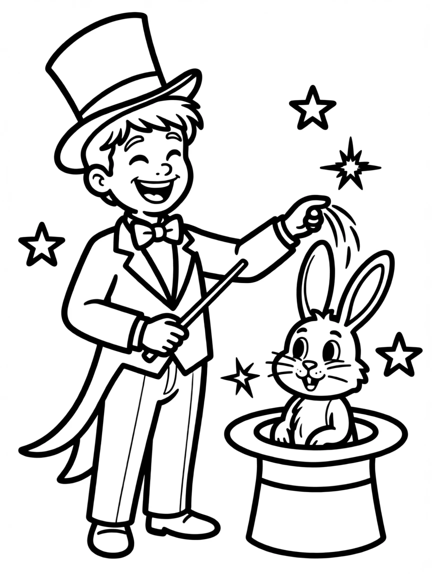 A laughing magician pulling a rabbit.