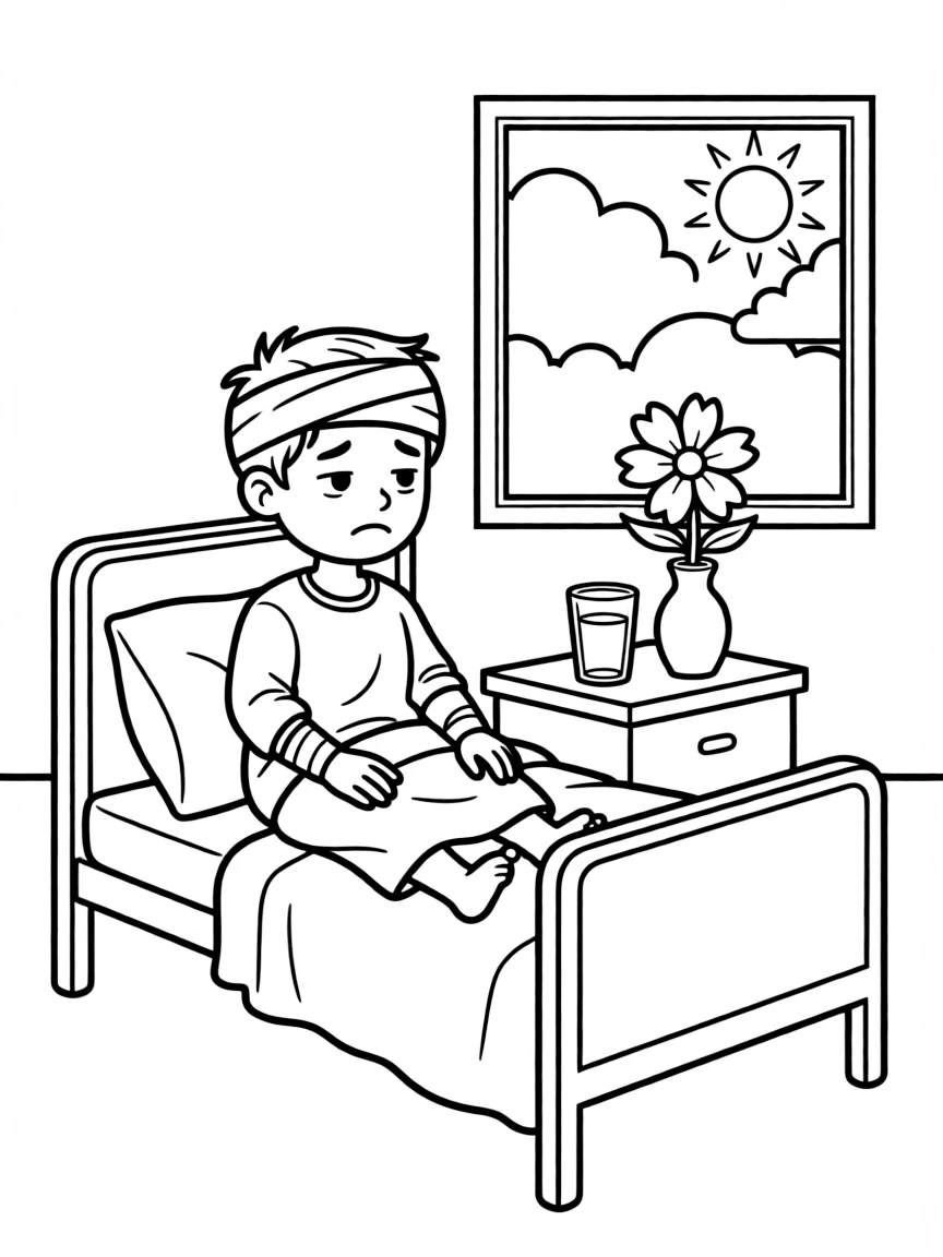 A sad patient with a bandage.