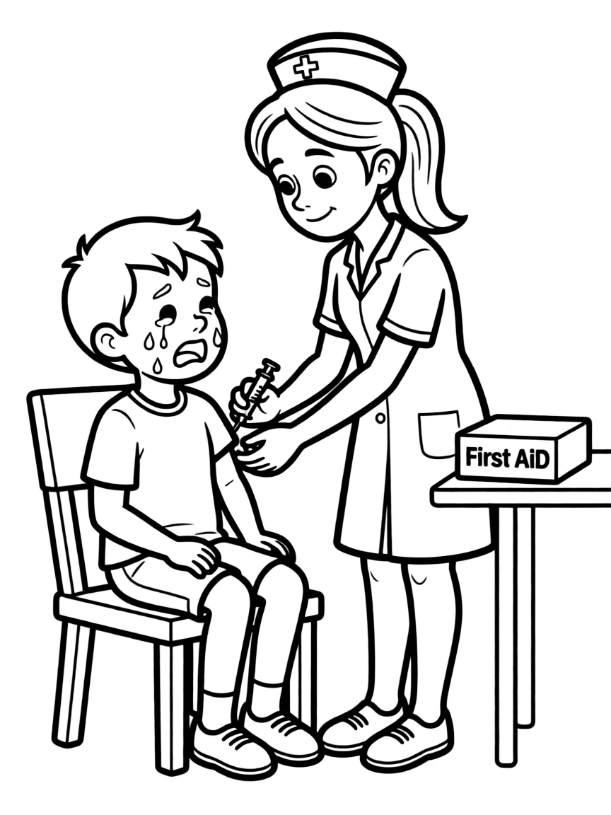 A crying child getting a shot.