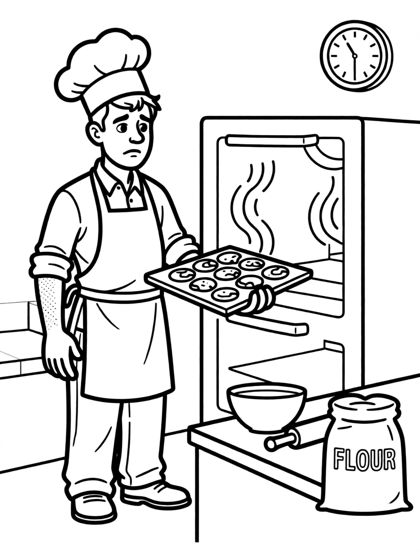 A sad baker with burnt cookies.