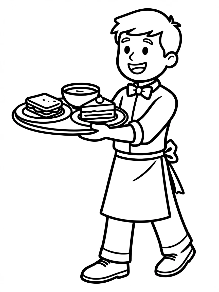 A laughing waiter carrying food.